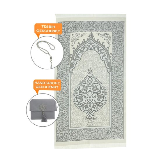 Prien Muslimischer Gebetsteppich Mit Gebetsperlen Für Frauen Männer, Geschenke Bayram, Ramadan, Teppich Beten Islam, Gebetsteppich Set, Islamische Gebetsmatte, Seccade Namaz, Muslim Mat (Grau)