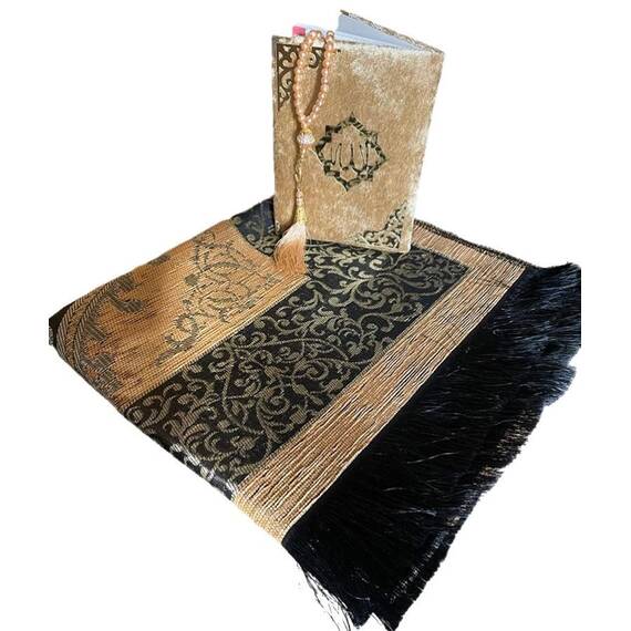 Geschenkbox -Gebetsteppich, Miswak, gebetskette, zikirmatik und buchen- Seccade-Namaz-Islam (Gold 2)