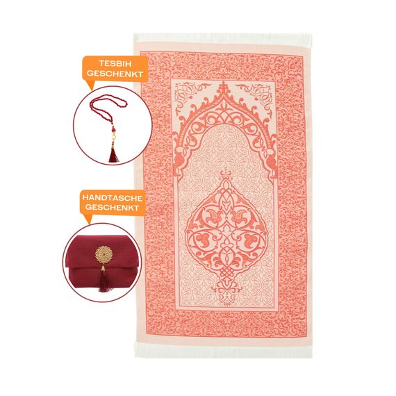 Prien Muslimischer Gebetsteppich Mit Gebetsperlen Für Frauen Männer, Geschenke Bayram, Ramadan, Teppich Beten Islam, Gebetsteppich Set, Islamische Gebetsmatte, Seccade Namaz, Muslim Mat (Rot)