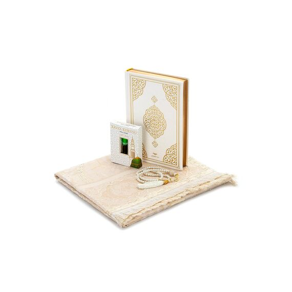 ihvan online Prayer Gift Box for Hajj and Umrah, Prayer Rug, Beads, Holy Quran, Deluxe Set for Ramadan & Eid Gift, White/Set 2