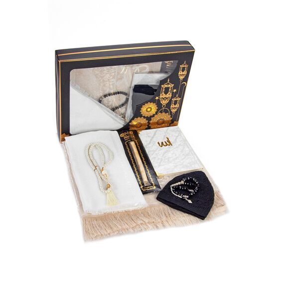 ihvan online Prayer Gift Box for Hajj and Umrah, Prayer Rug, Beads, Holy Quran, Deluxe Set for Ramadan & Eid Gift, White/Set 1