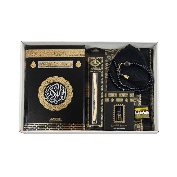 Luxuriöse islamische Gebetsgeschenkbox, Deluxe 7-Teiliges Set mit Koran & Gebetsperlen Tesbih & Gebetsteppich mit Kaaba-Design & Miswak-Stick & Solidem Geruch & Kufi-Hüte & Hacerul Esved, Ramadan