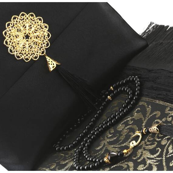 Gebetsteppich transportabel mit Tasche und Tesbih- Seccade- Prayer Rug-Islamischen-Namaz- Janamaz (Schwarz 2 (tesbih und miswak))