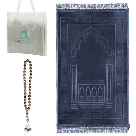 MYPRAY - Gebetsteppich - dick - 3er Set Seccade - mit Tesbih und Tasche (kaltgrau)