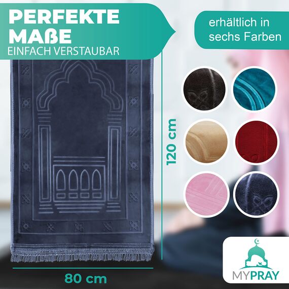 MYPRAY - Gebetsteppich - dick - 3er Set Seccade - mit Tesbih und Tasche (kaltgrau)