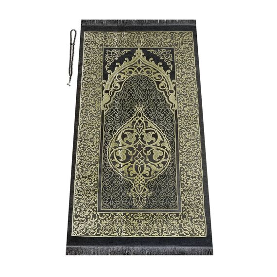 ihvan online Muslimischer Gebetsteppich und Gebetsperlen mit elegantem Design Zylinder Geschenkbox, Janamaz, Sajadah, weicher islamischer, islamische Geschenke Set, Gebetsteppichmatte, Schwarz, Mod2