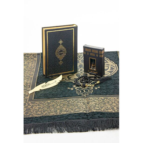 ihvan online Gebetsgeschenk-Set für Männer & Frauen, muslimischer Gebetsteppich, Salah-Matte, Perlen Taasbih, arabischer Heiliger Koran, islamisches Geschenkset für Ramadan & Eid, Schwarz