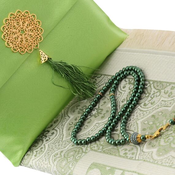 Gebetsteppich transportabel mit Tasche und Tesbih- Seccade- Prayer Rug-Islamischen-Namaz- Janamaz (GrÜn 2 (tesbih und miswak))