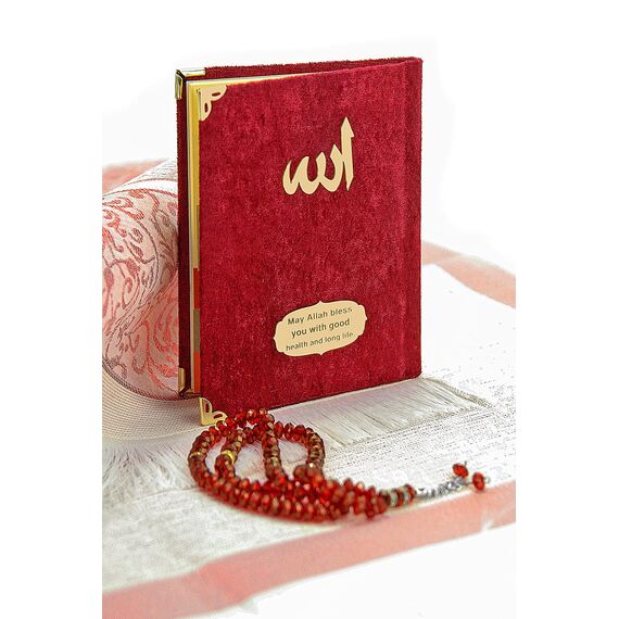 ihvan online TAFT Stoff muslimischen Gebetsteppich & Samtbezogene Yaseen Sura Bag-Größe Book & Kristallgebetskette Set mit Kraft Boxed Perfect islamischen Ramadan Eid Geschenke, Red