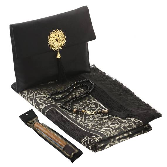 Gebetsteppich transportabel mit Tasche und Tesbih- Seccade- Prayer Rug-Islamischen-Namaz- Janamaz (Schwarz 2 (tesbih und miswak))