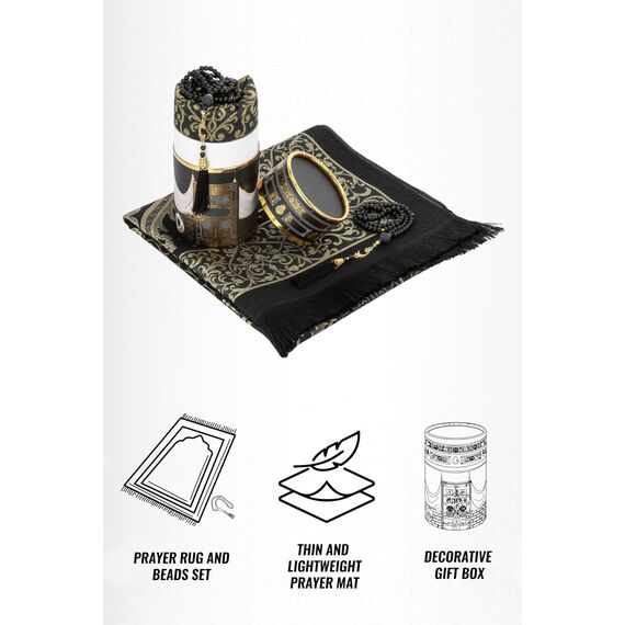 ihvan online Muslimischer Gebetsteppich und Gebetsperlen mit elegantem Design Zylinder Geschenkbox, Janamaz, Sajadah, weicher islamischer, islamische Geschenke Set, Gebetsteppichmatte, Schwarz, Mod2