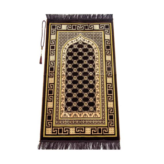 ihvan online Luxus Samt Muslimischer Gebetsteppich mit Gebetskette | Janamaz | Sajjadah | Weiche islamischen Gebetsteppich | Islamische Geschenke | Gebet Teppich Matte, Samt, Stoff, Dunkelbraun