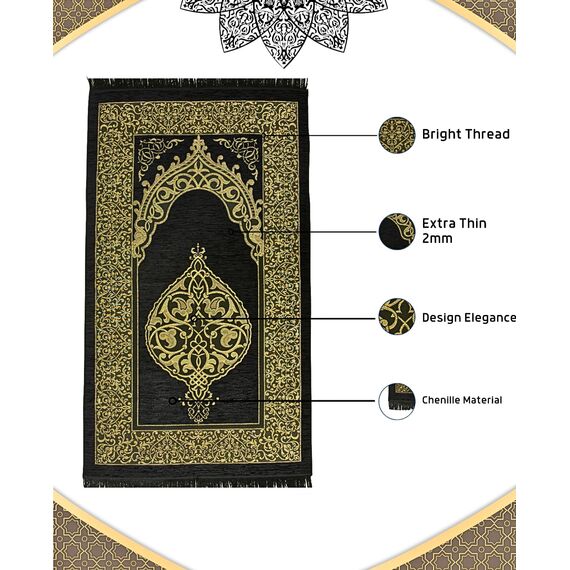 Prien Gebetsteppich Muslim mit Tesbih | Seccade mit Gebetskette | Gebetsmatte Islam für Frauen | Islamische Teppich Geschenke Set für Männer | Prayer Mat Geschenk Gebet Ramadan Namazlik (Schwarz)