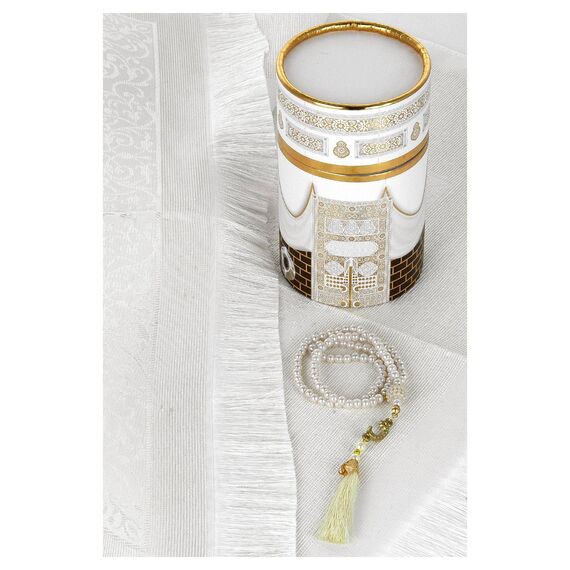 Muslimischer Gebetsteppich und Gebetsperlen mit elegantem Design Zylinder Geschenkbox,Janamaz,Sajadah,weicher islamischer Gebetsteppich,islamische Geschenke Set,Gebetsteppichmatte, Weiß,Mod2