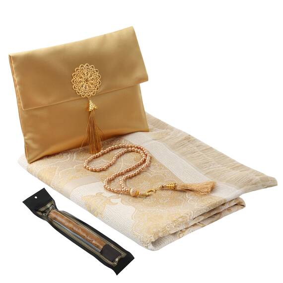 Gebetsteppich transportabel mit Tasche und Tesbih- Seccade- Prayer Rug-Islamischen-Namaz- Janamaz (Gold 2 (tesbih und miswak))