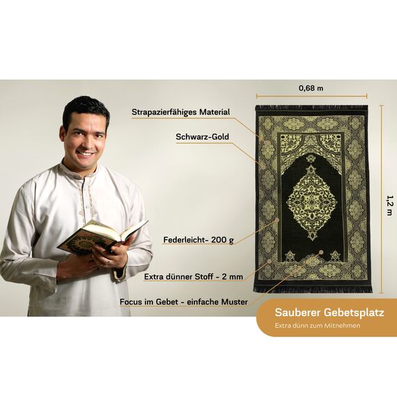 Imanpaper® Gebetsteppich Islam mit Tesbih schwarz I Extra dünn to go für Muslime I Platzsparend Geschenk für konvertierte Geschwister 1,20 x 0,70m | Seccade Salah Sejadah Islamic Prayer Rug