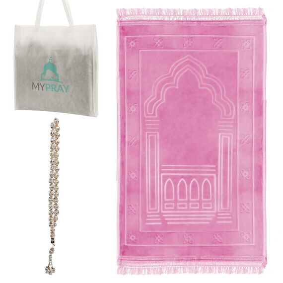 MYPRAY - Gebetsteppich - dick - 3er Set Seccade - mit Tesbih und Tasche (rosa)