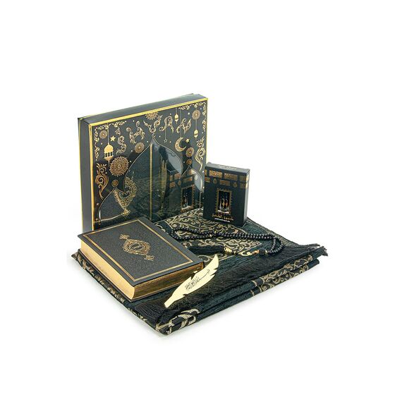 ihvan online Gebetsgeschenk-Set für Männer & Frauen, muslimischer Gebetsteppich, Salah-Matte, Perlen Taasbih, arabischer Heiliger Koran, islamisches Geschenkset für Ramadan & Eid, Schwarz