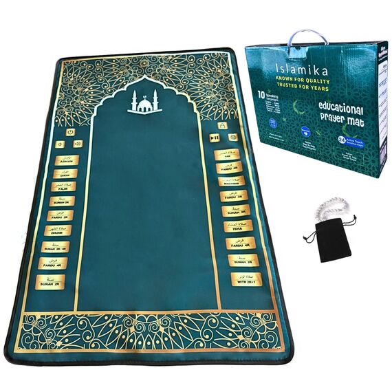 Islamika Elektronischer Gebetsteppich, intelligenter interaktiver Gebetsteppich, ideal für neue Bekehrte und diejenigen, die ihr Gebet lernen oder perfektionieren, mit islamischen Gebetsperlen, Grün