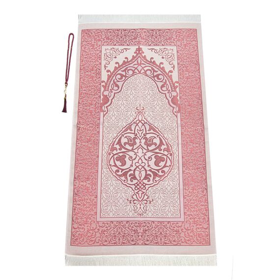 Muslimischer Gebetsteppich und Gebetskette mit eleganter Zylinder-Geschenkbox | Janamaz | Sajadah | Weicher islamischer Gebetsteppich | Islamisches Geschenkset | Gebetsteppich Matte Taftstoff Burgund