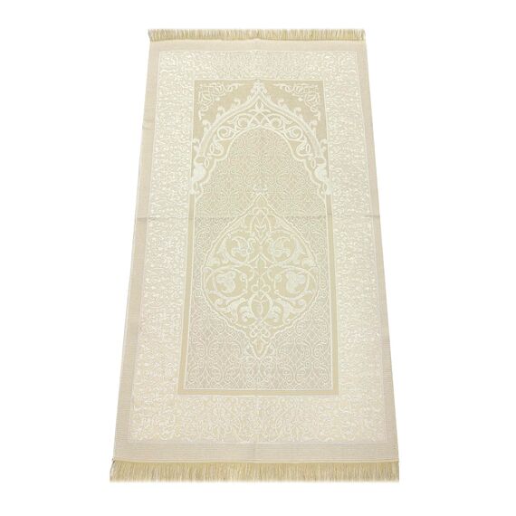ihvan online Muslimischer Gebetsteppich und Perlen mit eleganter Tragbar Stoff Tasche, Janamaz, Sajjadah, Weiche islamischen Gebetsteppich, Islamische Geschenke, Gebet Teppich Matte, Taft Stoff, Ecru