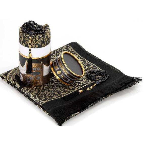 Imani Aksa Geschenkbox mit Miswak -Muslimische Islamicher Geschenke mit Gebetsteppich, Misvak und Gebetskette- Seccade- Gebetsteppich-Prayer Rug- Sajadah- Islamischen-Namaz- Janamaz- Islam (Black 1)
