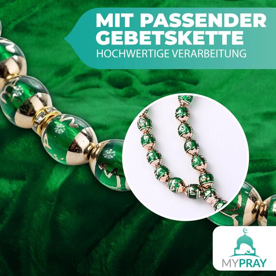 MYPRAY - Gebetsteppich - dick - 3er Set Seccade - mit Tesbih und Tasche (waldgrün)
