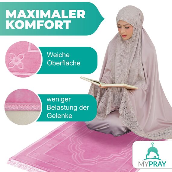 MYPRAY - Gebetsteppich - dick - 3er Set Seccade - mit Tesbih und Tasche (rosa)