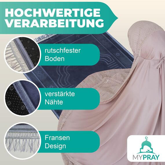 MYPRAY - Gebetsteppich - dick - 3er Set Seccade - mit Tesbih und Tasche (kaltgrau)