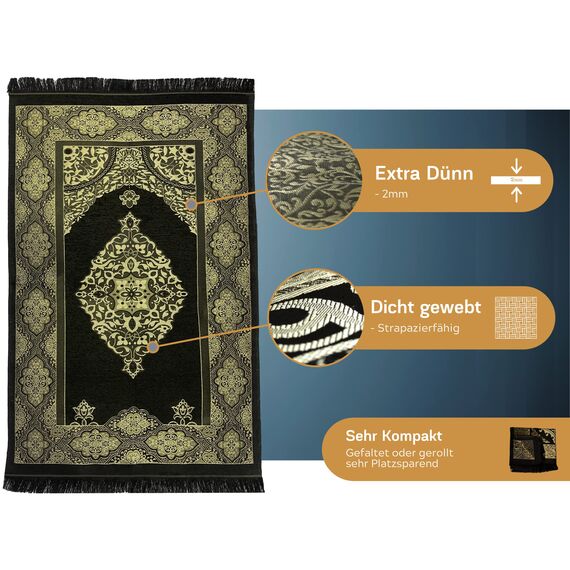 Imanpaper® Gebetsteppich Islam mit Tesbih schwarz I Extra dünn to go für Muslime I Platzsparend Geschenk für konvertierte Geschwister 1,20 x 0,70m | Seccade Salah Sejadah Islamic Prayer Rug