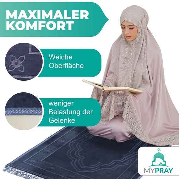 MYPRAY - Gebetsteppich - dick - 3er Set Seccade - mit Tesbih und Tasche (kaltgrau)