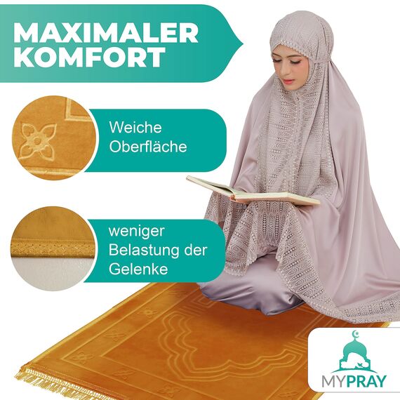MYPRAY - Gebetsteppich - dick - 3er Set Seccade - mit Tesbih und Tasche (goldenbeige)