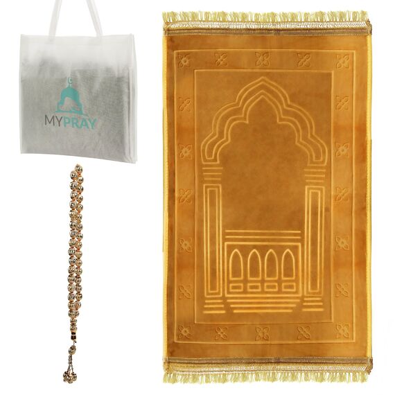 MYPRAY - Gebetsteppich - dick - 3er Set Seccade - mit Tesbih und Tasche (goldenbeige)