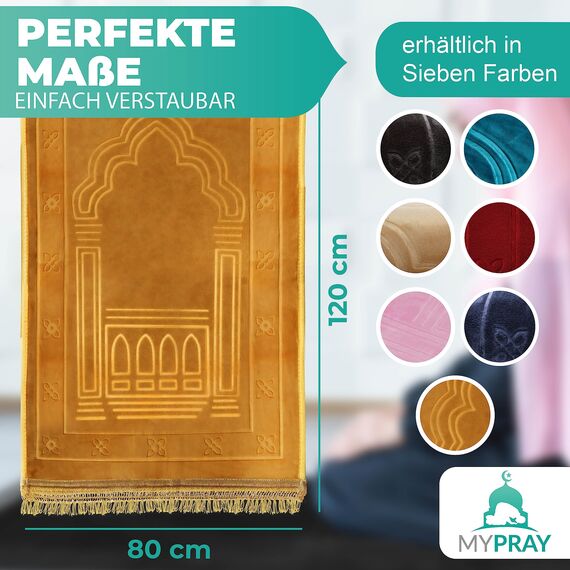 MYPRAY - Gebetsteppich - dick - 3er Set Seccade - mit Tesbih und Tasche (goldenbeige)