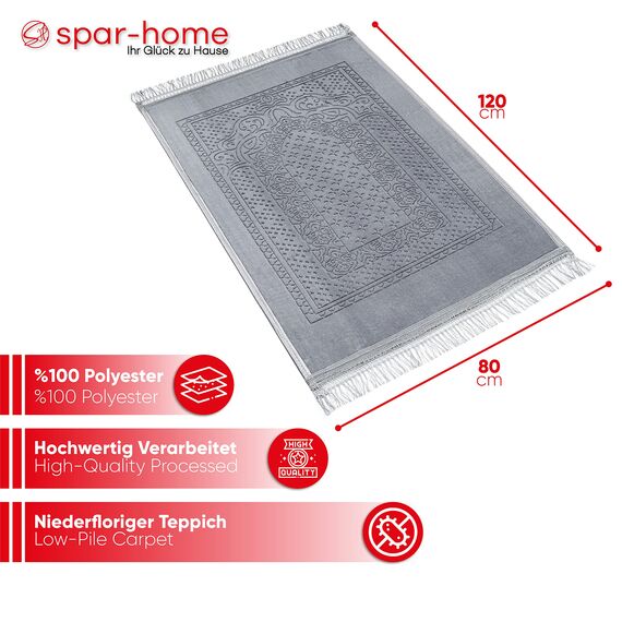 Spar-Home Gebetsteppich Islam – Weiche Teppich für Salah Beten Dicker Stoff Gebetsmatte für Erwachsene Frauen und Kinder Ideal als Badematte (Grey)