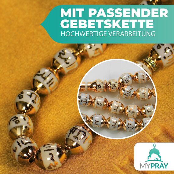 MYPRAY - Gebetsteppich - dick - 3er Set Seccade - mit Tesbih und Tasche (goldenbeige)