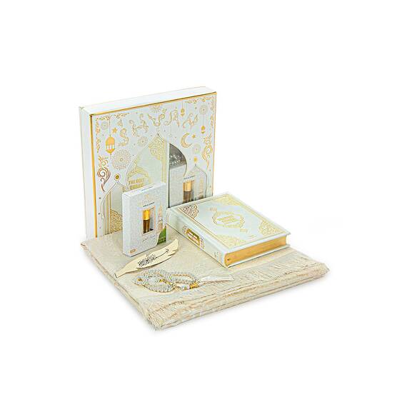 Ihvan Online Geschenkset für Hadsch und Umrah: Muslimischer Gebetsteppich, Matte, Tasbih-Perlen, ins Englische übersetzter Koran, Janamaz Salah Matte