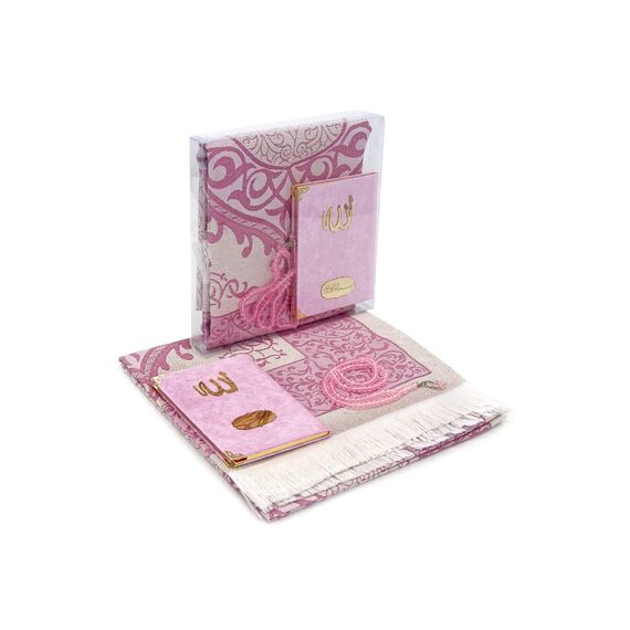 ihvan online TAFT Stoff muslimische Gebetsteppich & Samt bedeckte Yaseen Surah Bag-Größe Buch- und Gebetsperlen mit besonderem transparenten Boxed, Perfekter islamischer Ramadan Eid Geschenke, Pink