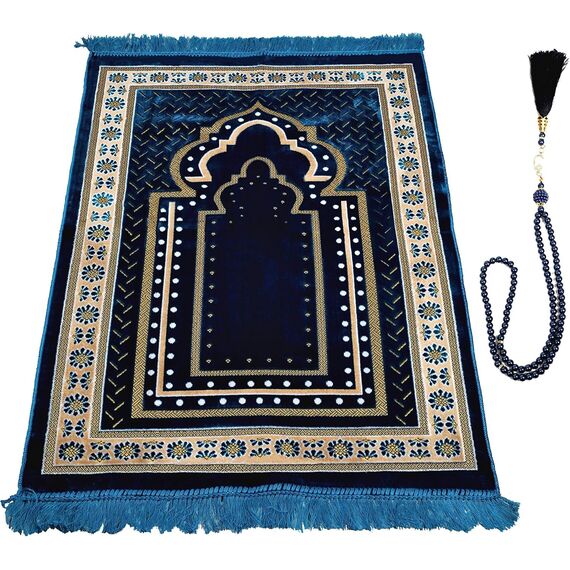 TB Muslimische Gebetsteppich, dick, islamisch, weiche Samt-Matte, Ramadan-Geschenk, mit Gebetsperle, einzigartige Dekoration, goldfarben, bestickt für Frauen, Männer, türkisch, afrikanisch (blau)