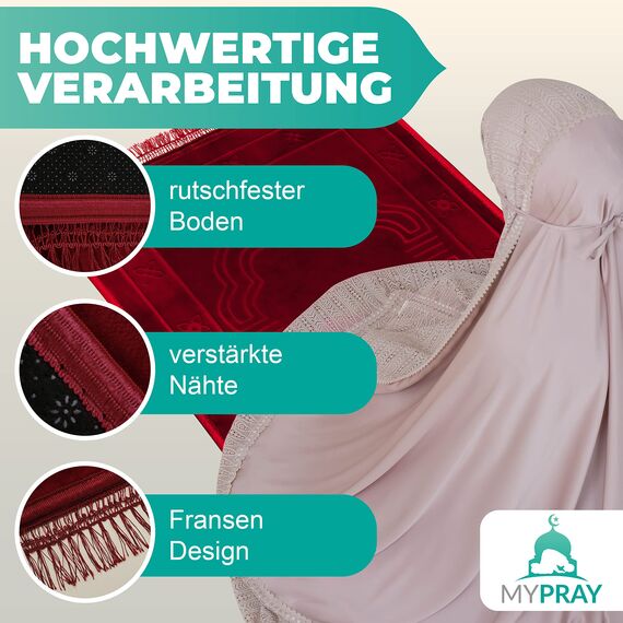 MYPRAY - Gebetsteppich - dick - 3er Set Seccade - mit Tesbih und Tasche (rubinrot)