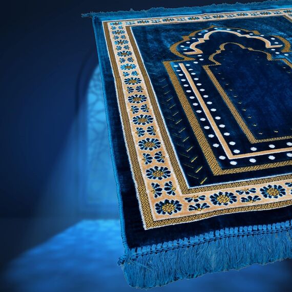 TB Muslimische Gebetsteppich, dick, islamisch, weiche Samt-Matte, Ramadan-Geschenk, mit Gebetsperle, einzigartige Dekoration, goldfarben, bestickt für Frauen, Männer, türkisch, afrikanisch (blau)