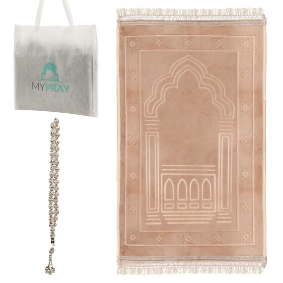 MYPRAY - Gebetsteppich - dick - 3er Set Seccade - mit Tesbih und Tasche (beige)