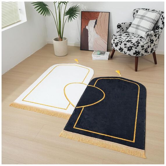Dai Lufei Gebetsteppich-Set, muslimischer Gebetsteppich, dick und weich, Kaschmir-Imitat, lslamischer Gebetsteppich für Paare, Ramadan, Eid Bayram, islamisches Geschenk (schwarz-weiß, 80 x 140 cm)
