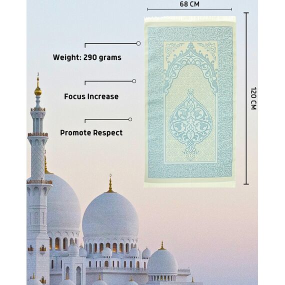 Prien Gebetsteppich Muslim mit Tesbih | Seccade mit Gebetskette | Gebetsmatte Islam für Frauen | Islamische Teppich Geschenke Set für Männer | Prayer Mat Geschenk Gebet Ramadan Namazlik (Himmelblau)