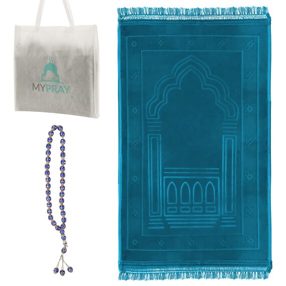 MYPRAY - Gebetsteppich - dick - 3er Set Seccade - mit Tesbih und Tasche (türkisblau)