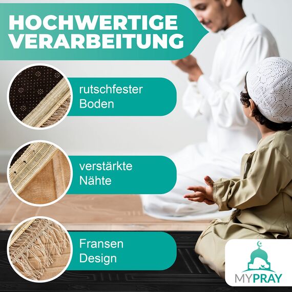 MYPRAY - Gebetsteppich - dick - 3er Set Seccade - mit Tesbih und Tasche (beige)