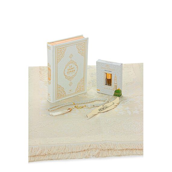 ihvan online Gebetsgeschenk-Set für Hadsch und Umrah, muslimischer Gebetsteppich, Gebetsteppich, Perlen Taasbih, Heiliger Koran übersetzt Französisch, Gebetsmatte, islamisches Geschenkset für Ramadan