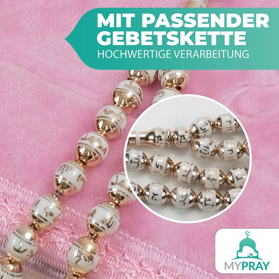 MYPRAY - Gebetsteppich - dick - 3er Set Seccade - mit Tesbih und Tasche (rosa)