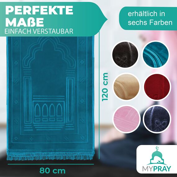 MYPRAY - Gebetsteppich - dick - 3er Set Seccade - mit Tesbih und Tasche (türkisblau)