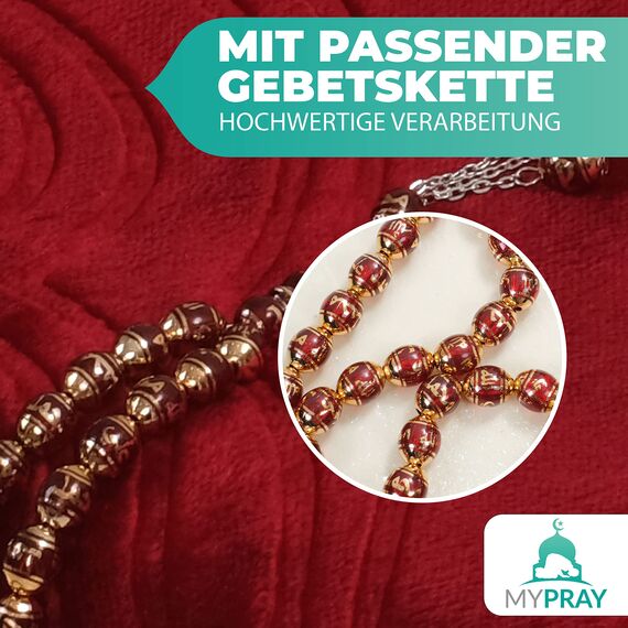 MYPRAY - Gebetsteppich - dick - 3er Set Seccade - mit Tesbih und Tasche (rubinrot)